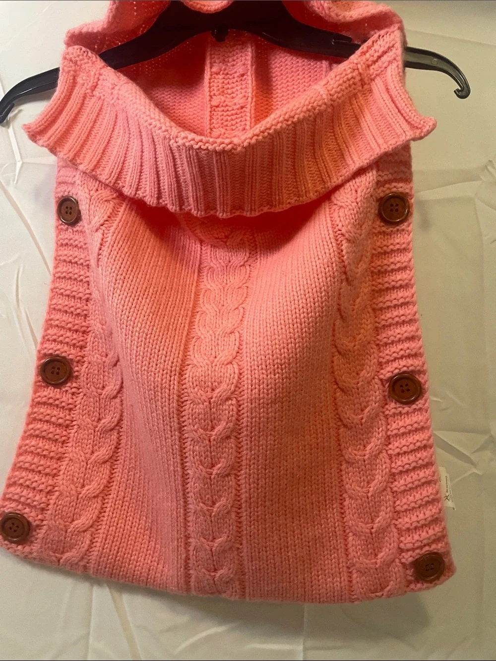Girls' Coral Hooded Cable-Knit Poncho with Pom